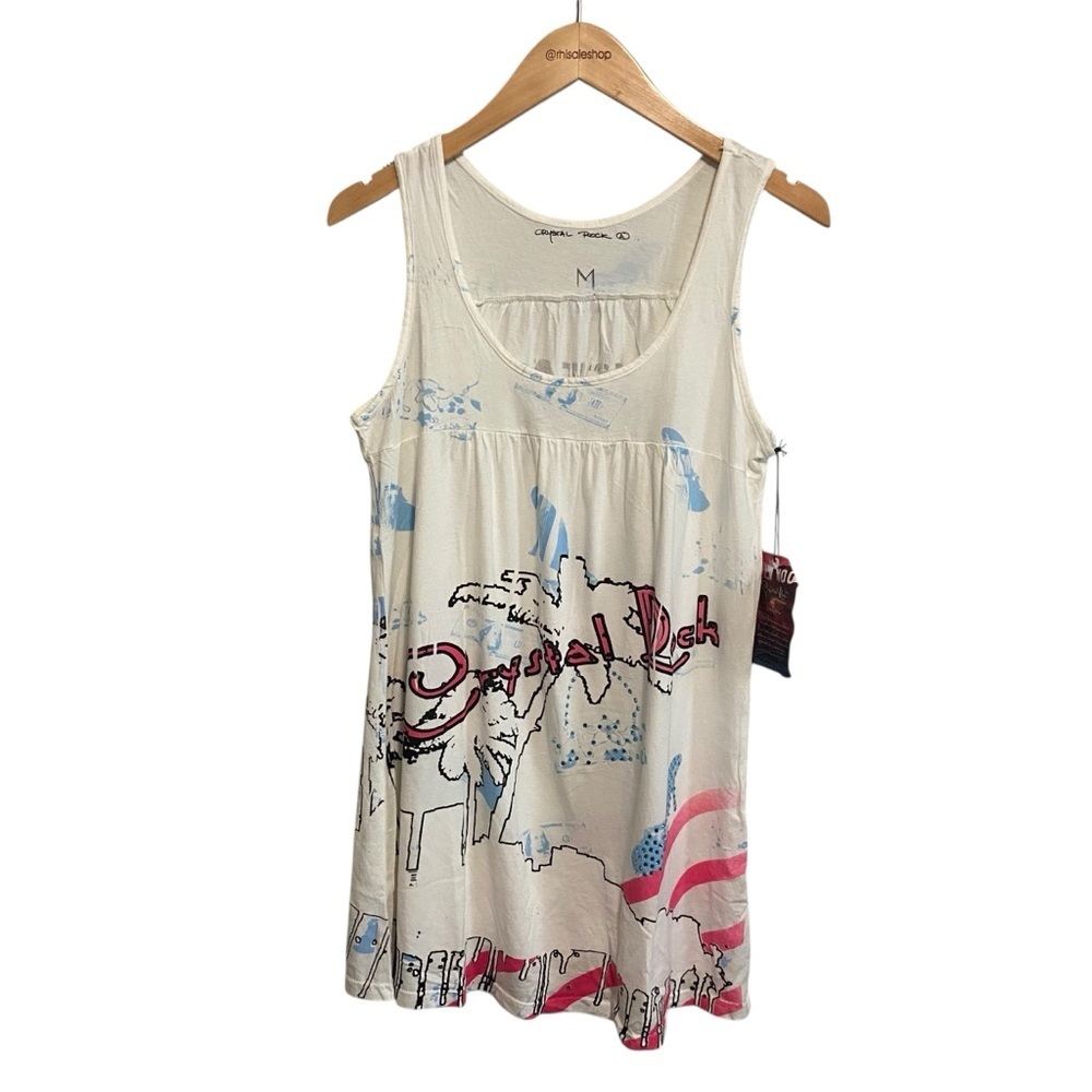 NWT Crystal Rock by Christian Audigier White Graphic Money Shoe Bag Tank Medium